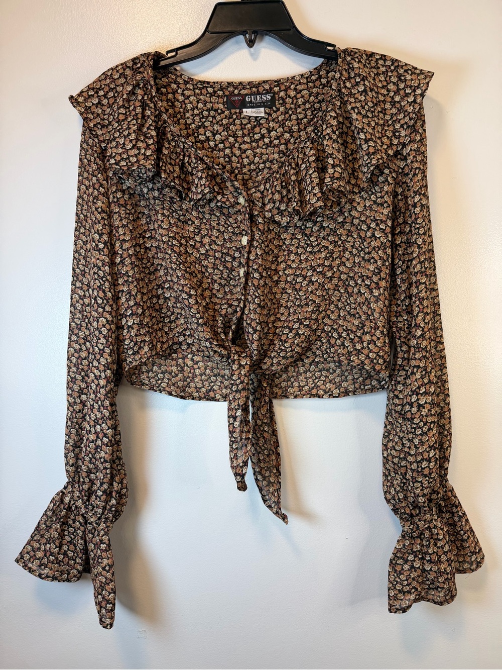 Vintage GUESS by Marciano Brown Floral Tie-Front Ruffle Blouse Junior Size Large